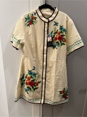 Cream Floral Button-Front Dress with brown trim